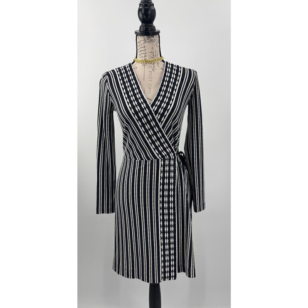B44 Tory Burch Long Sleeve Jacquard Wrap Dress XS Navy Oxford Stripe Work Career